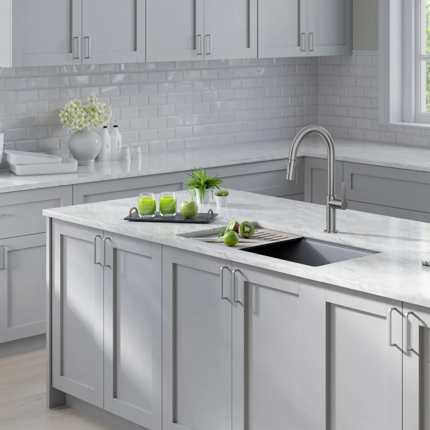 KRAUS Bellucci Workstation 33" Undermount Granite Composite Kitchen Sink in Metallic Gray with Accessories