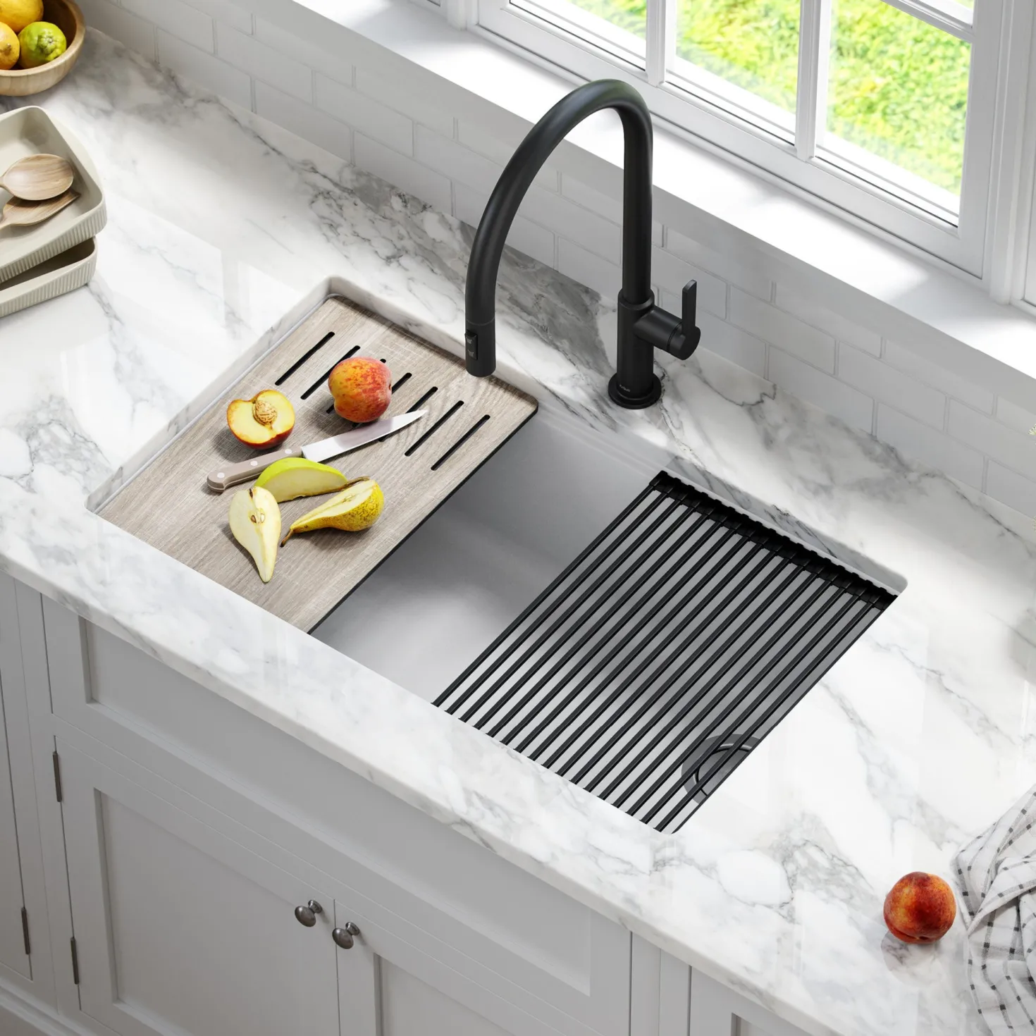 KRAUS Bellucci Workstation 33" Undermount Granite Composite Kitchen Sink in White with Accessories