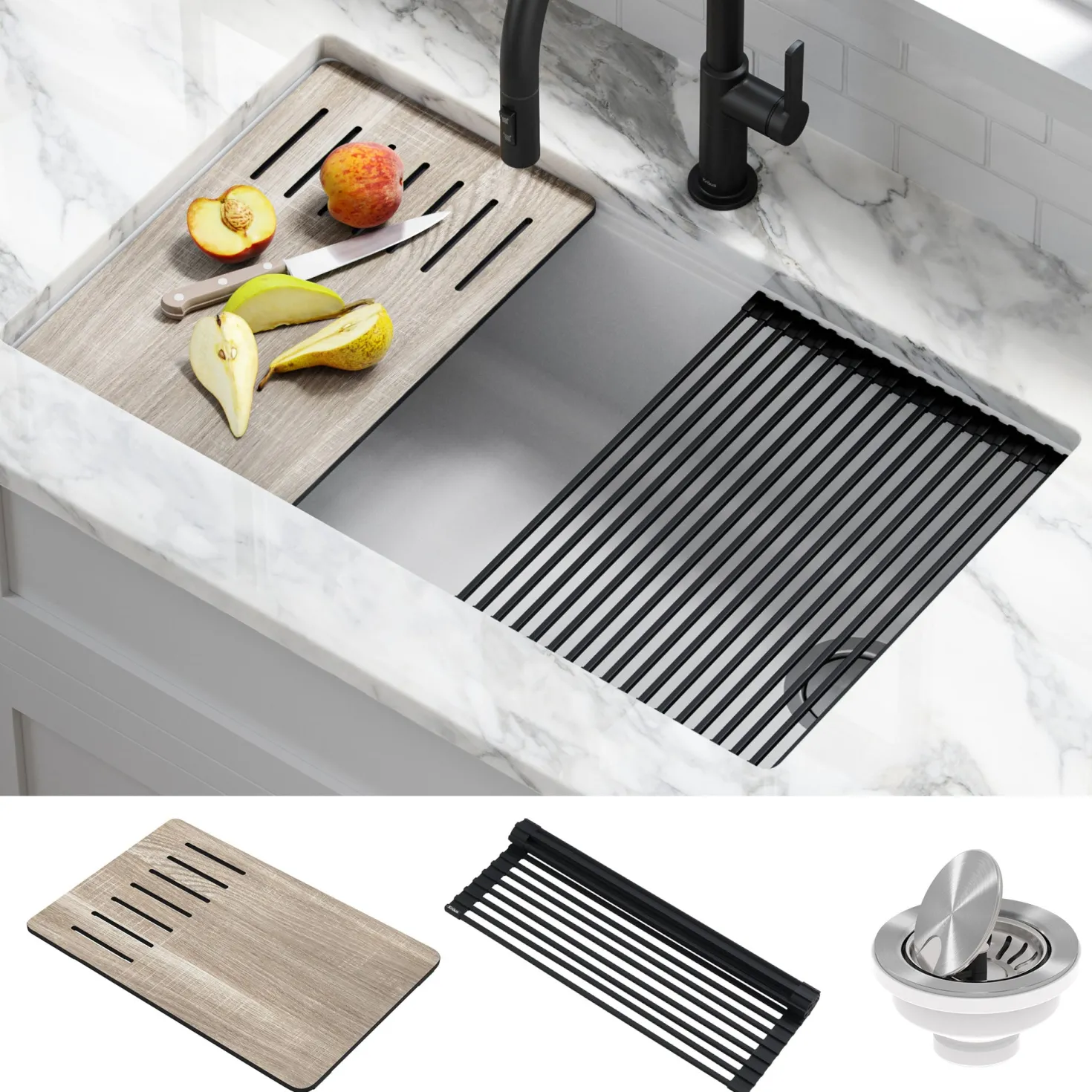 KRAUS Bellucci Workstation 33" Undermount Granite Composite Kitchen Sink in White with Accessories