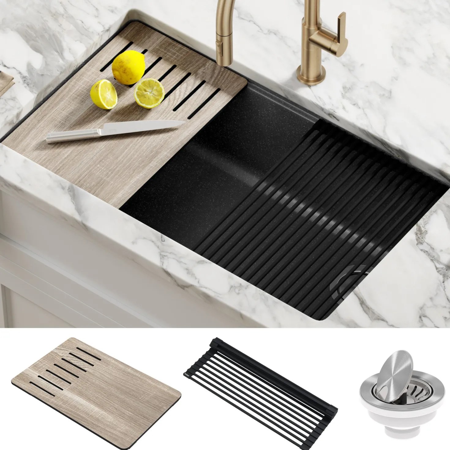 KRAUS Bellucci Workstation 33" Undermount Granite Composite Kitchen Sink in Metallic Black with Accessories