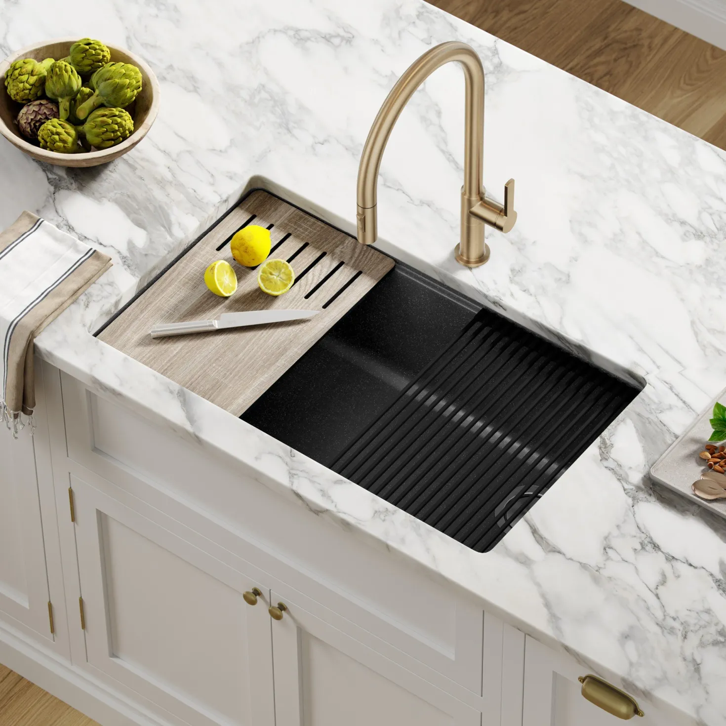 KRAUS Bellucci Workstation 33" Undermount Granite Composite Kitchen Sink in Metallic Black with Accessories