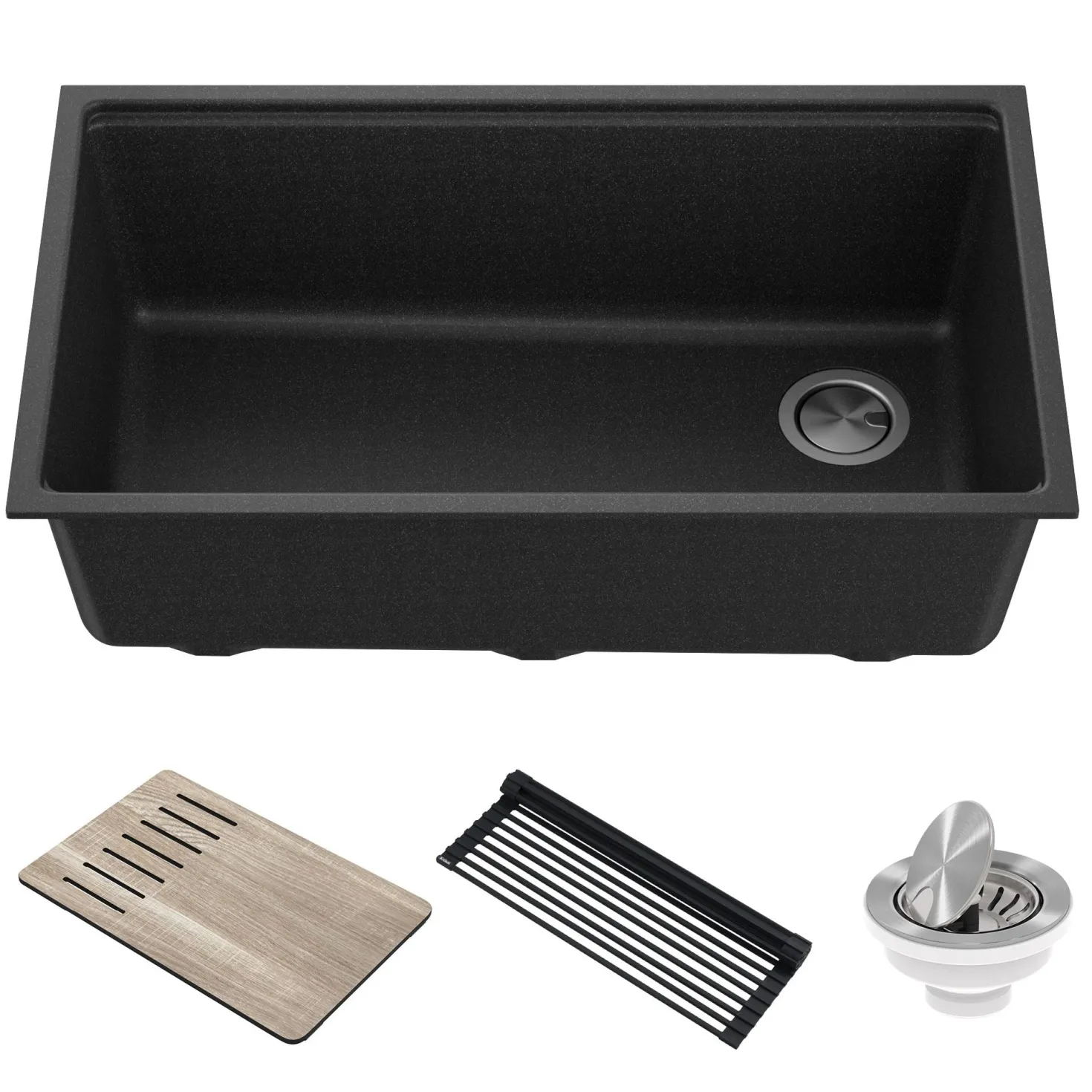 KRAUS Bellucci Workstation 33" Undermount Granite Composite Kitchen Sink in Metallic Black with Accessories