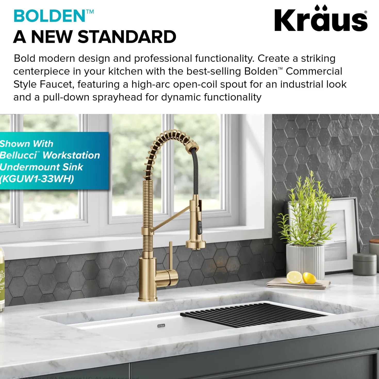 KRAUS Bolden Commercial Style Pull-Down Single Handle 18-Inch Kitchen Faucet in Brushed Brass