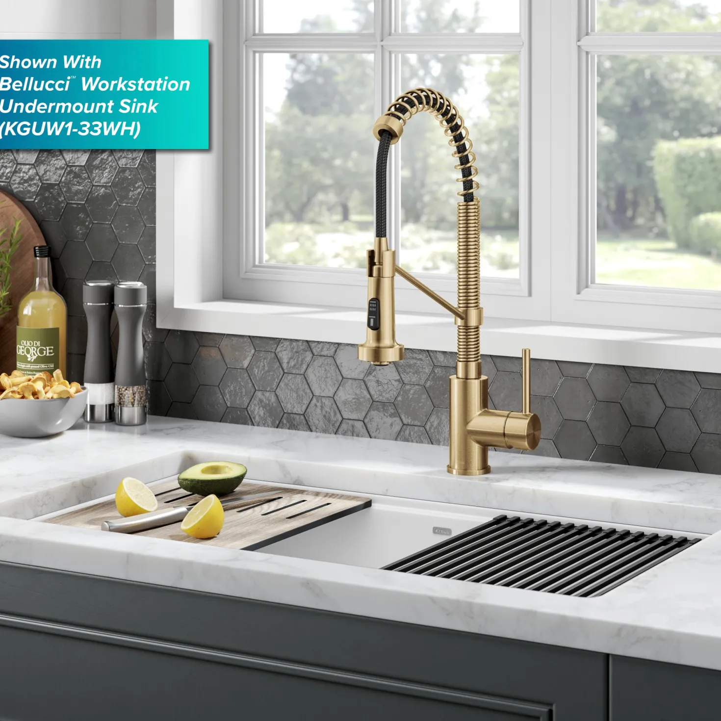 KRAUS Bolden Commercial Style Pull-Down Single Handle 18-Inch Kitchen Faucet in Brushed Brass