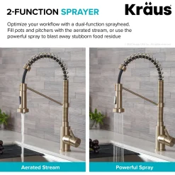 KRAUS Bolden Commercial Style Pull-Down Kitchen Faucet and Purita Water Filter Faucet Combo in Spot Free Antique Champagne Bronze