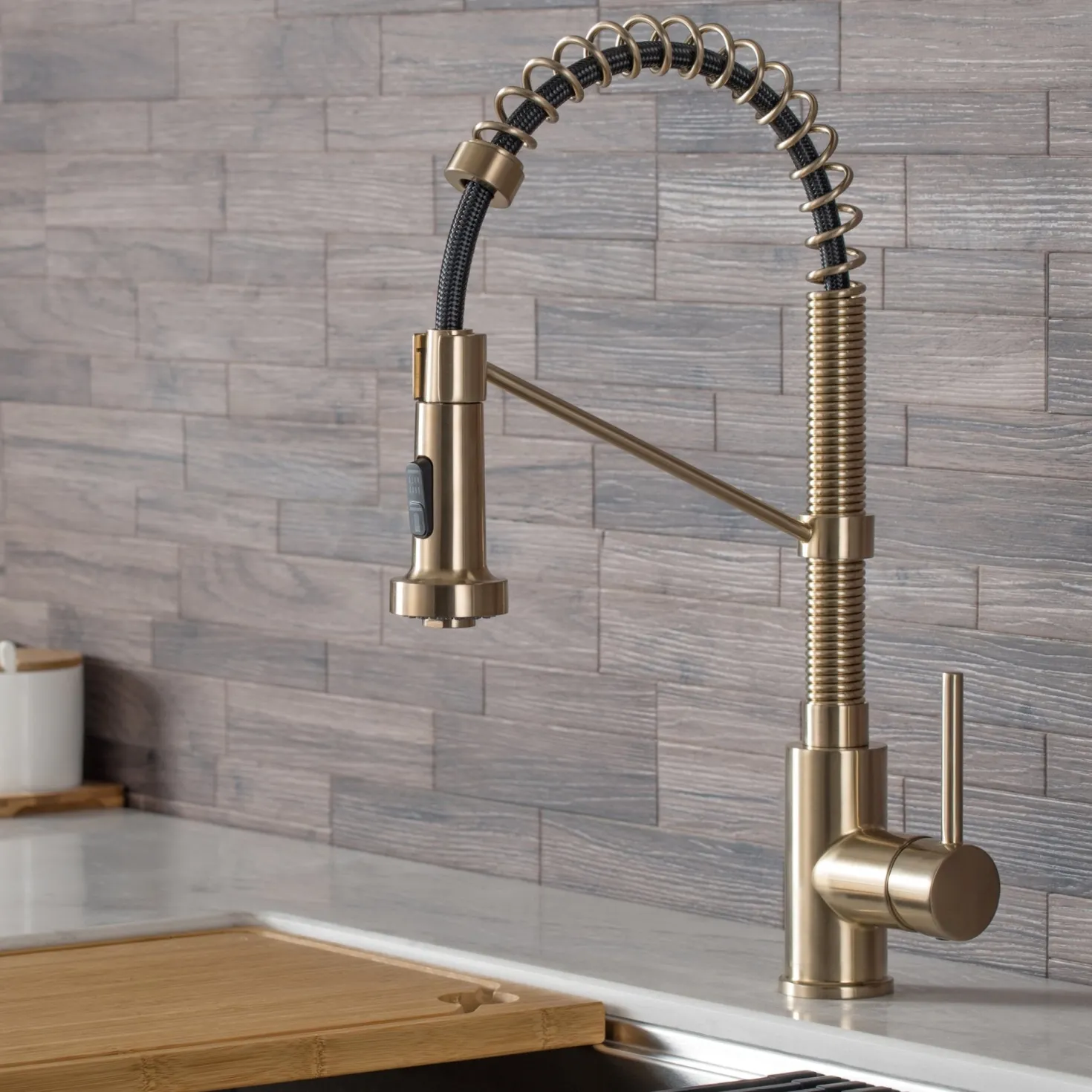 KRAUS Bolden Commercial Style Pull-Down Kitchen Faucet and Purita Water Filter Faucet Combo in Spot Free Antique Champagne Bronze