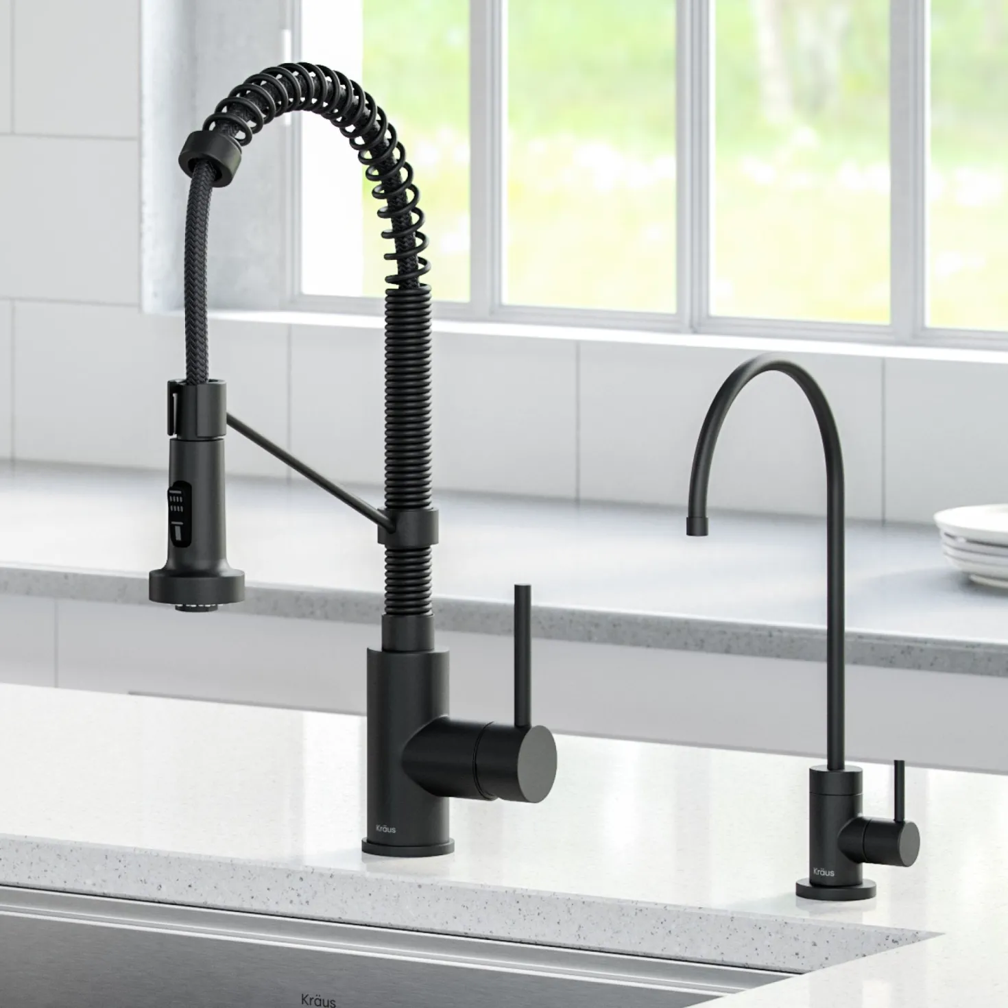 KRAUS Bolden Commercial Style Pull-Down Kitchen Faucet and Purita Water Filter Faucet Combo in Matte Black