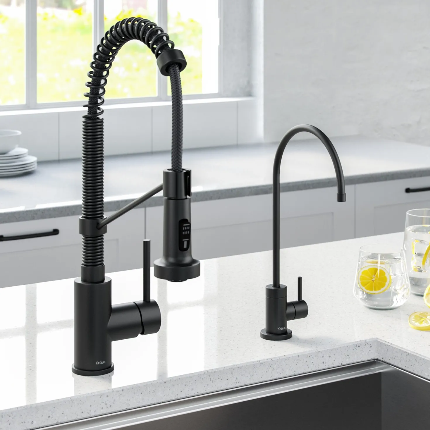 KRAUS Bolden Commercial Style Pull-Down Kitchen Faucet and Purita Water Filter Faucet Combo in Matte Black