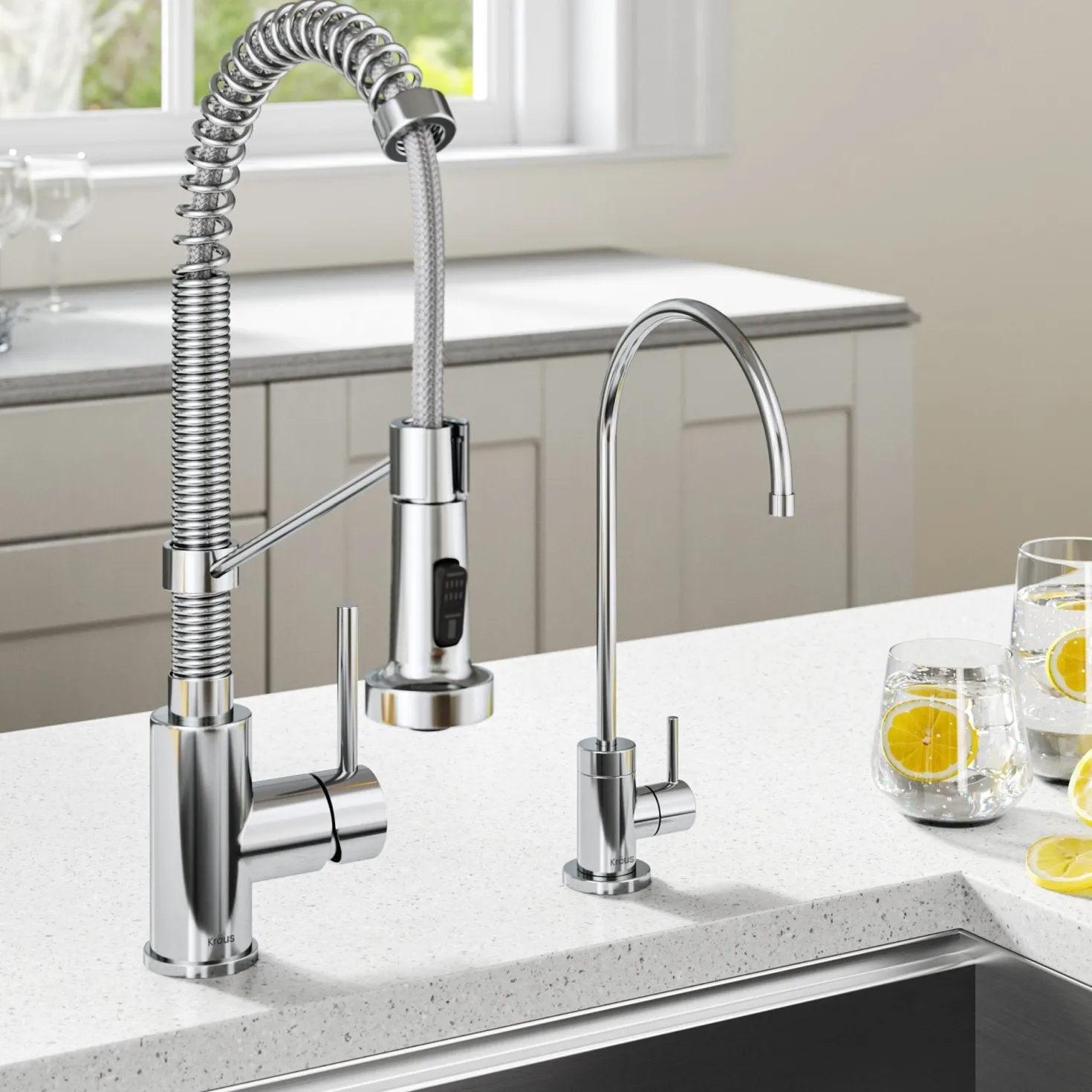 KRAUS Bolden Commercial Style Pull-Down Kitchen Faucet and Purita Water Filter Faucet Combo in Chrome