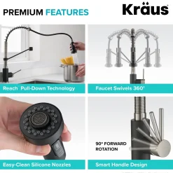 KRAUS Bolden 18-Inch Commercial Kitchen Faucet with Pull-Down Sprayhead in Stainless Steel/Matte Black