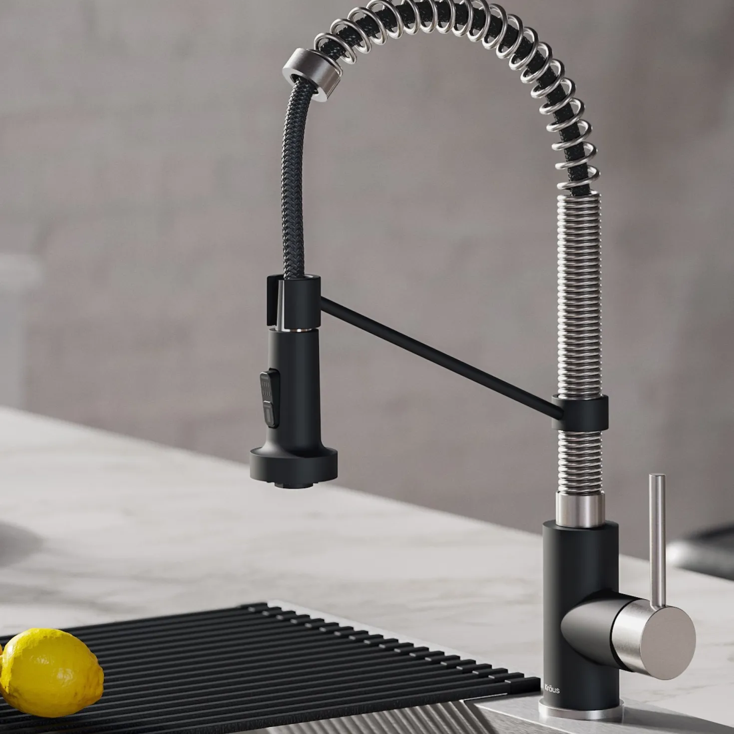 KRAUS Bolden 18-Inch Commercial Kitchen Faucet with Pull-Down Sprayhead in Stainless Steel/Matte Black