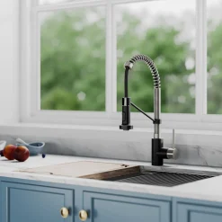 KRAUS Bolden 18-Inch Commercial Kitchen Faucet with Pull-Down Sprayhead in Spot Free Stainless Steel/Matte Black
