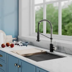 KRAUS Bolden 18-Inch Commercial Kitchen Faucet with Pull-Down Sprayhead in Spot Free Stainless Steel/Matte Black