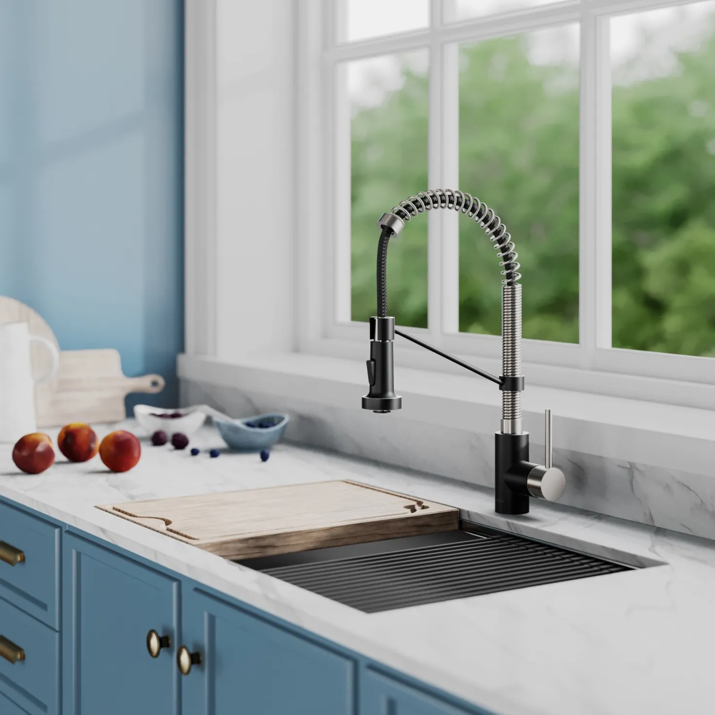 KRAUS Bolden 18-Inch Commercial Kitchen Faucet with Pull-Down Sprayhead in Spot Free Stainless Steel/Matte Black