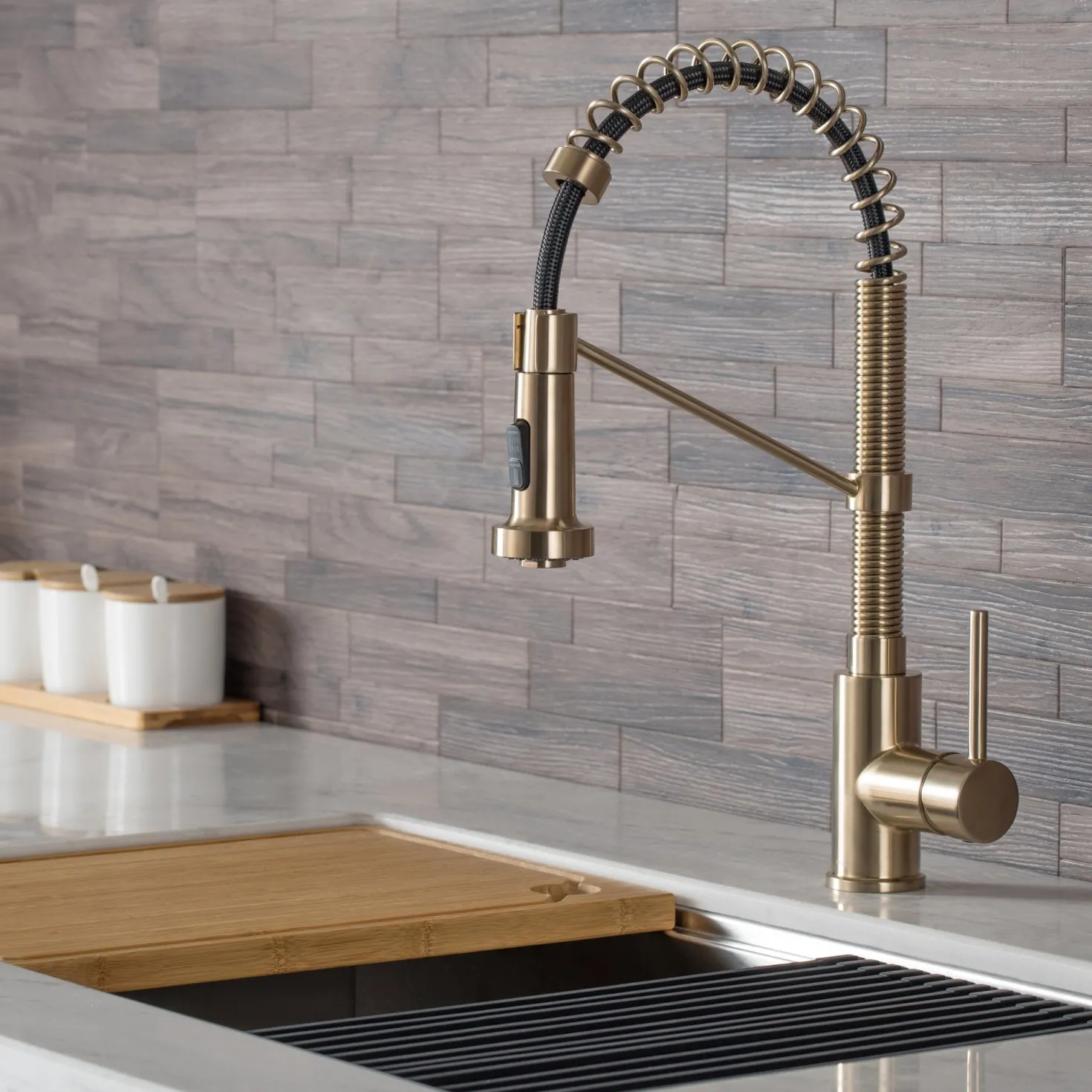 KRAUS Bolden 18-Inch Commercial Kitchen Faucet with Pull-Down Sprayhead in Brushed Gold