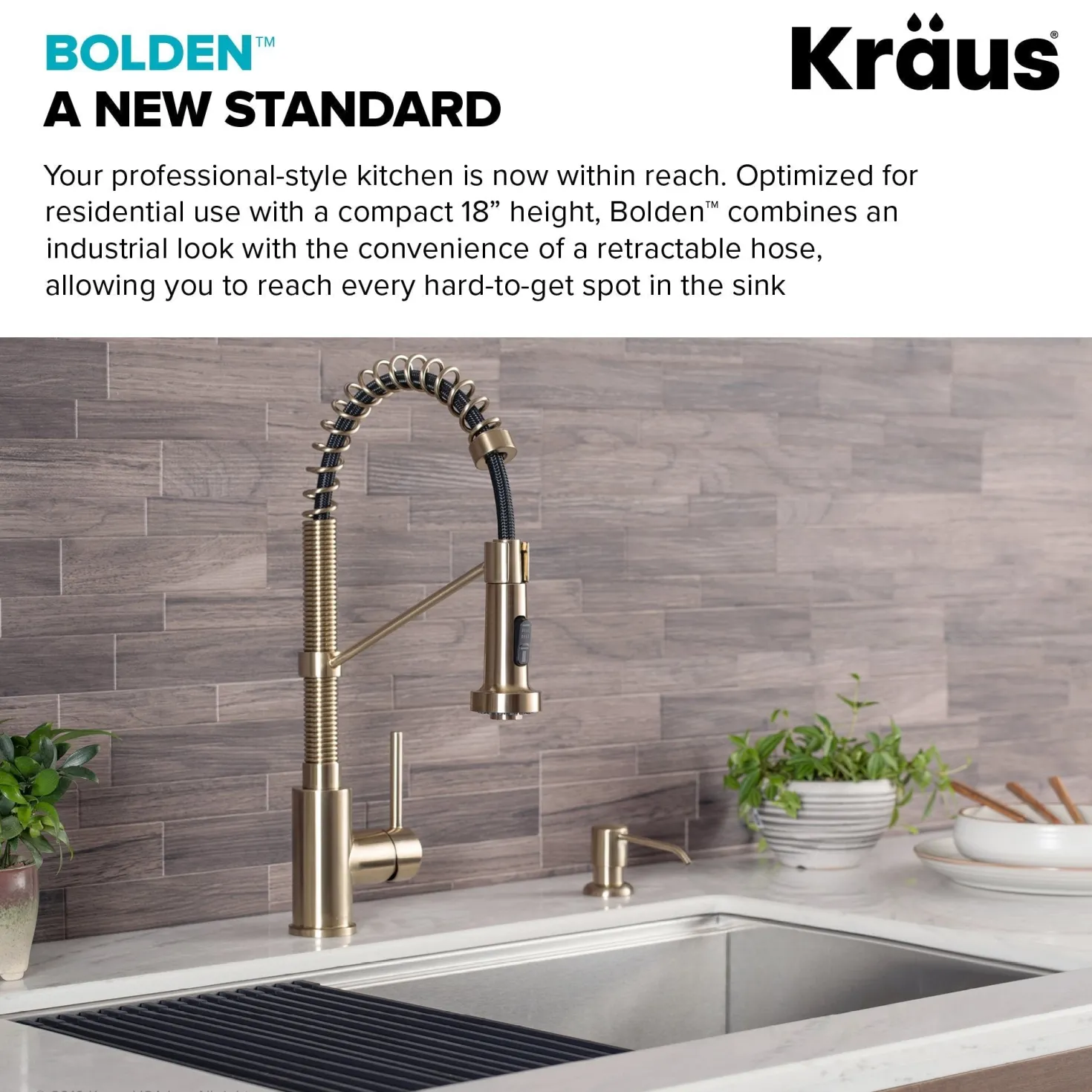 KRAUS Bolden 18-Inch Commercial Kitchen Faucet with Pull-Down Sprayhead in Brushed Gold