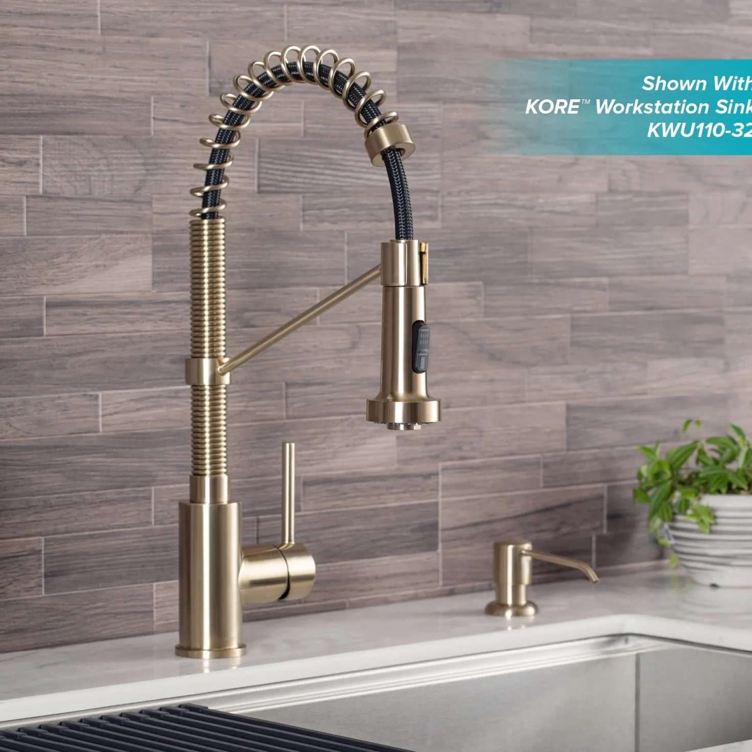 KRAUS Bolden 18-Inch Commercial Kitchen Faucet with Pull-Down Sprayhead in Spot Free Antique Champagne Bronze