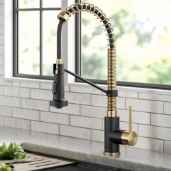 KRAUS Bolden 18-Inch Commercial Kitchen Faucet with Pull-Down Sprayhead in Brushed Brass & Matte Black