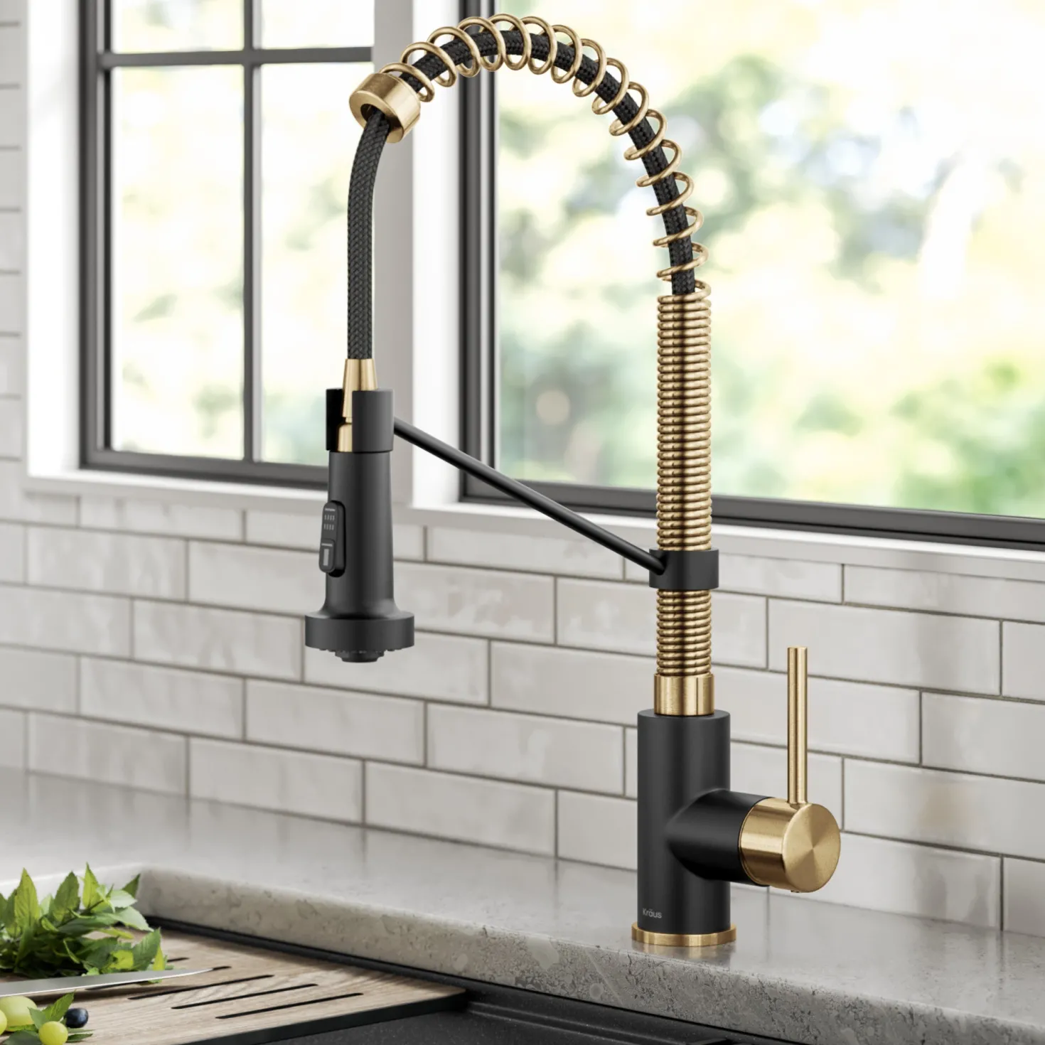 KRAUS Bolden 18-Inch Commercial Kitchen Faucet with Pull-Down Sprayhead in Brushed Brass & Matte Black