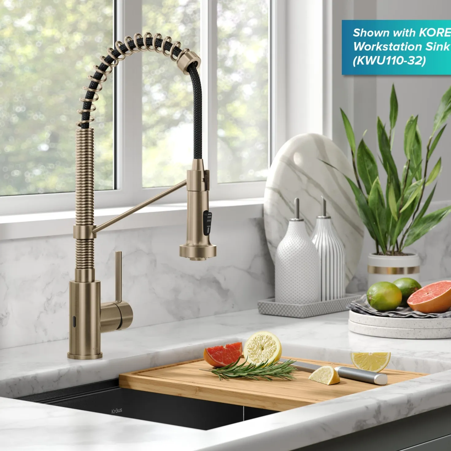 KRAUS Bolden Touchless Pull-Down Single Handle Faucet in Spot Free Antique Champagne Bronze