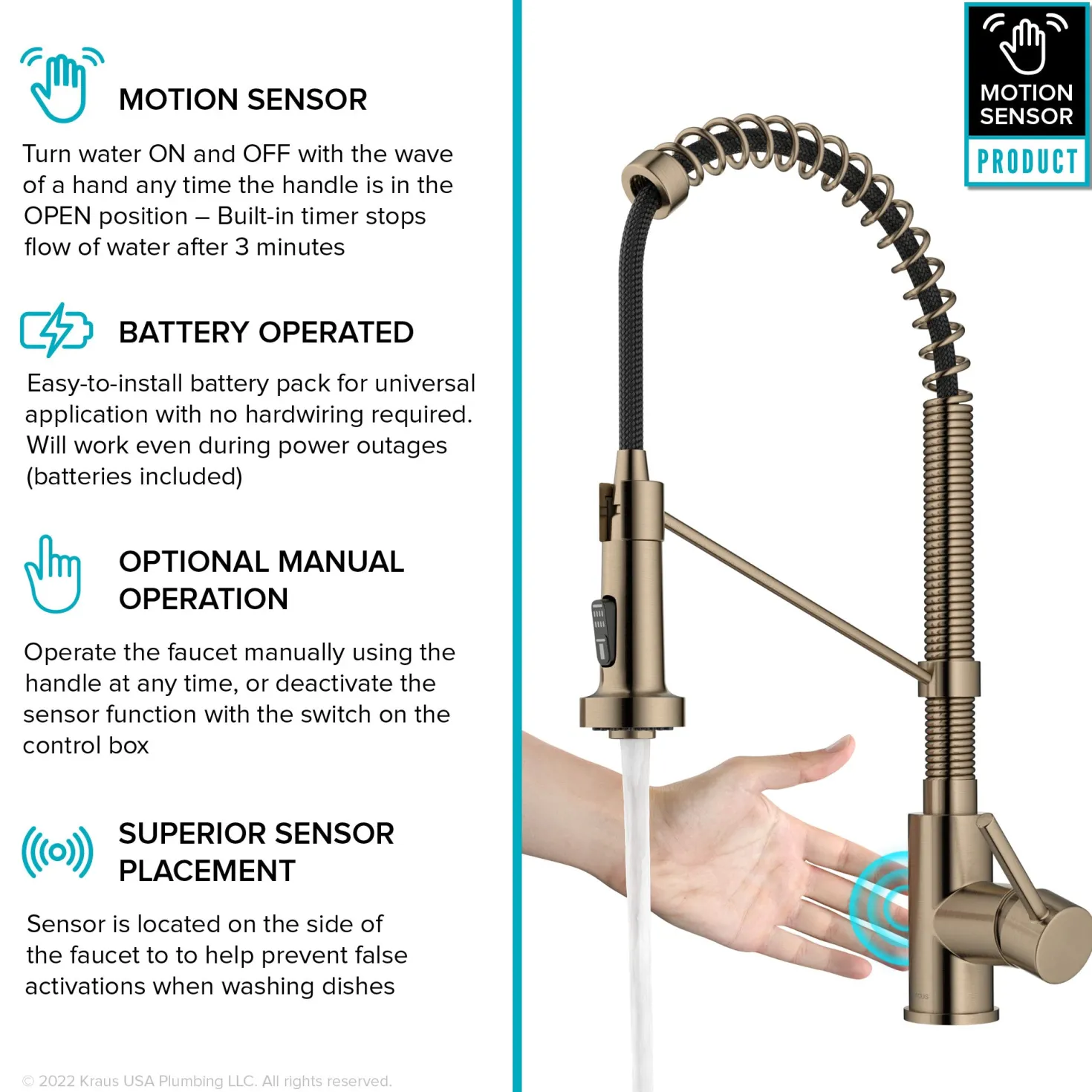 KRAUS Bolden Touchless Pull-Down Single Handle Faucet in Spot Free Antique Champagne Bronze