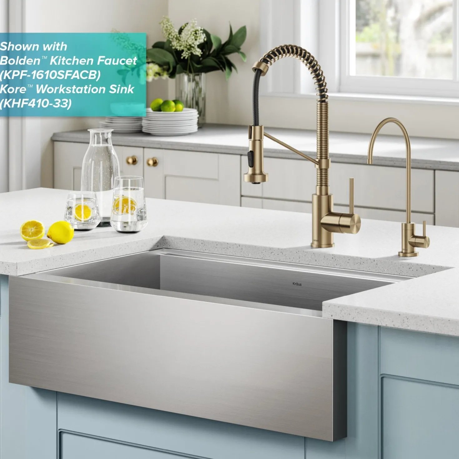 KRAUS Britt Commercial Style Kitchen Faucet and Purita Water Filter Faucet Combo in Spot Free Antique Champagne Bronze