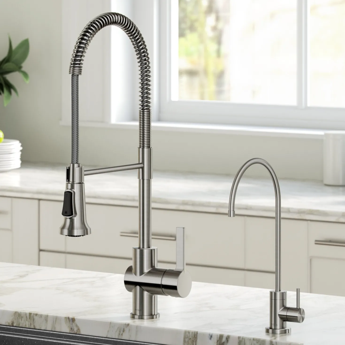 KRAUS Britt Commercial Style Kitchen Faucet and Purita Water Filter Faucet Combo in Spot Free Stainless Steel