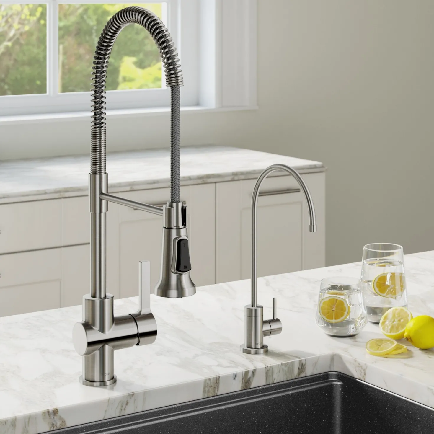 KRAUS Britt Commercial Style Kitchen Faucet and Purita Water Filter Faucet Combo in Spot Free Stainless Steel