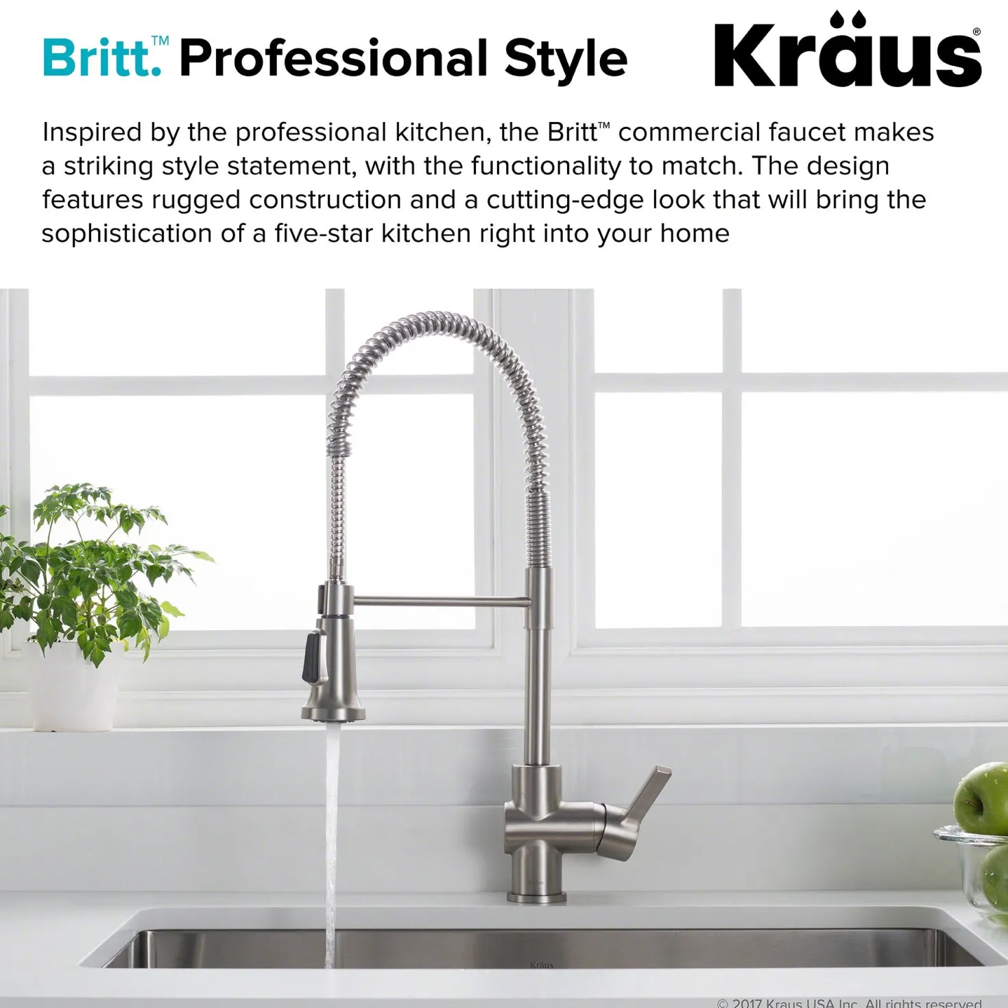 KRAUS Britt Single Handle Commercial Kitchen Faucet with Deck Plate and Soap Dispenser in all-Brite Spot Free Stainless Steel
