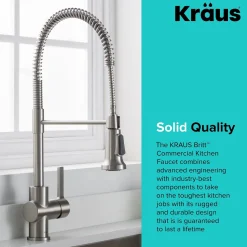 KRAUS Britt Single Handle Commercial Kitchen Faucet with Deck Plate and Soap Dispenser in all-Brite Spot Free Stainless Steel