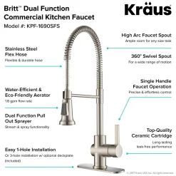 KRAUS Britt Single Handle Commercial Kitchen Faucet with Deck Plate and Soap Dispenser in all-Brite Spot Free Stainless Steel