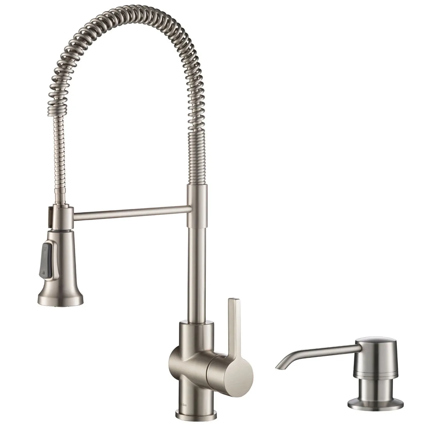 KRAUS Britt Single Handle Commercial Kitchen Faucet with Deck Plate and Soap Dispenser in all-Brite Spot Free Stainless Steel
