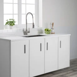 KRAUS Britt Single Handle Commercial Kitchen Faucet with Deck Plate and Soap Dispenser in all-Brite Spot Free Stainless Steel