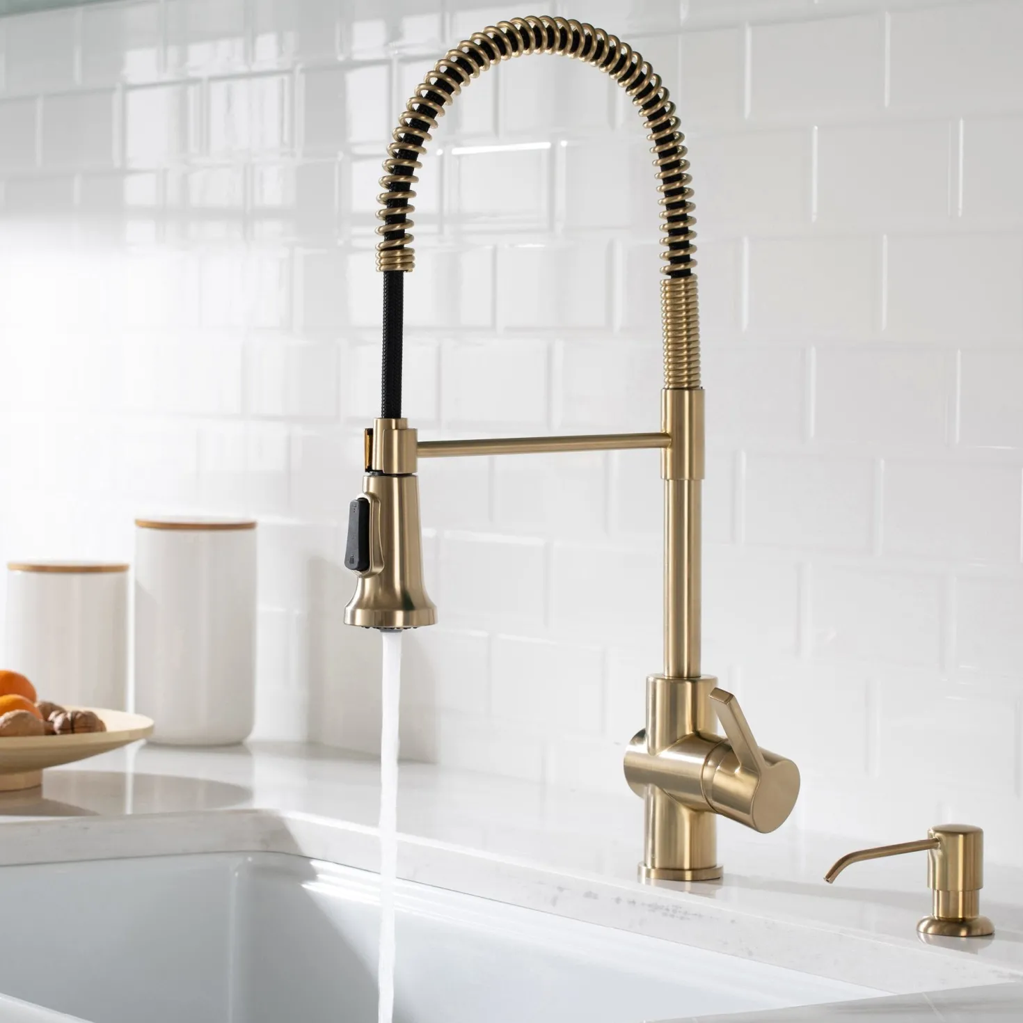 KRAUS Britt Single Handle Commercial Kitchen Faucet with Deck Plate and Soap Dispenser in Spot Free Antique Champagne Bronze