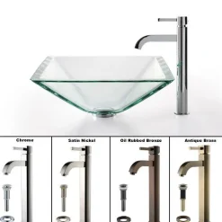 KRAUS Clear Aquamarine Glass Vessel Sink and Ramus Faucet