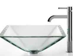 KRAUS Clear Aquamarine Glass Vessel Sink and Ramus Faucet