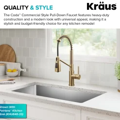 KRAUS Coda Commercial Style Single Handle Pull Down Kitchen Faucet in Brushed Brass