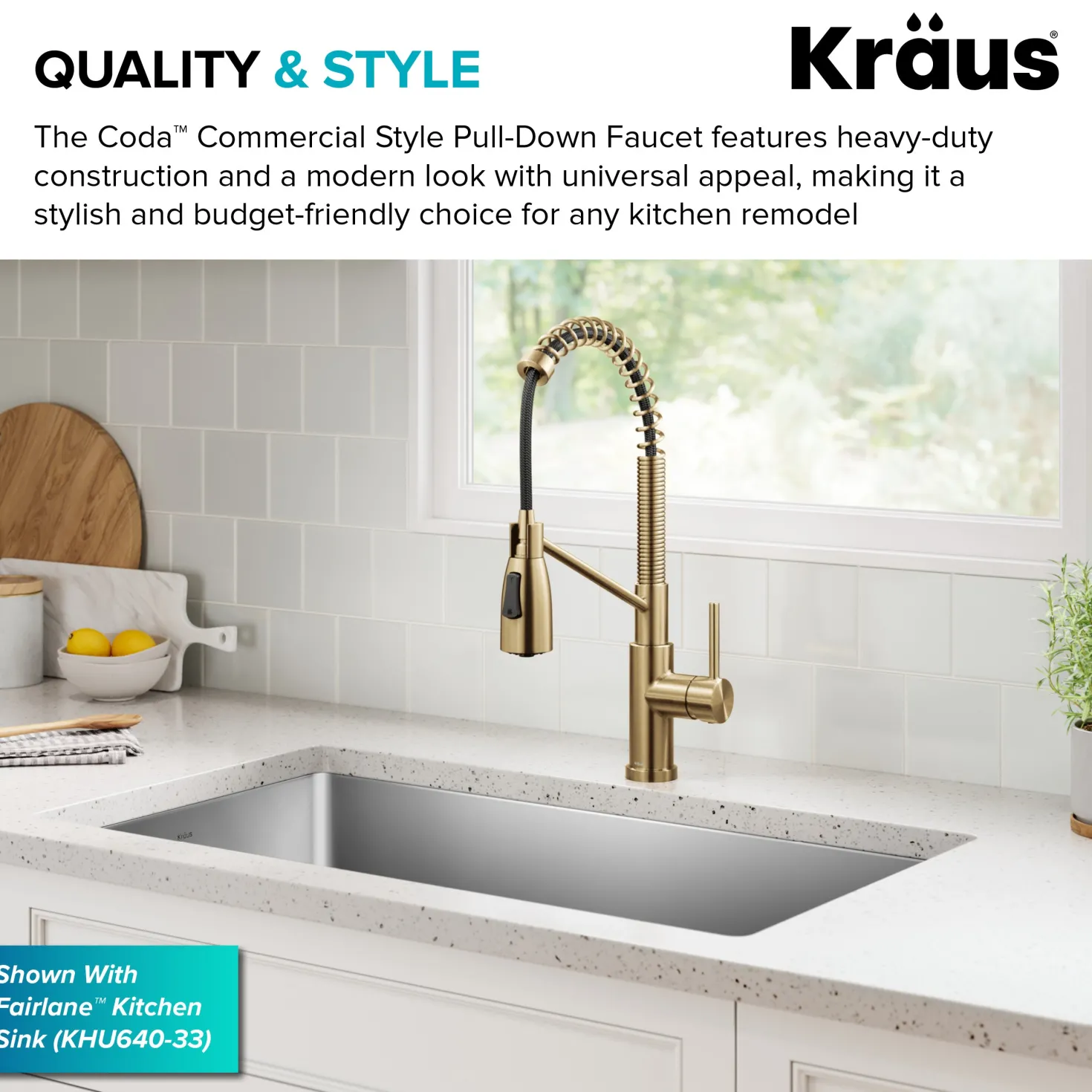 KRAUS Coda Commercial Style Single Handle Pull Down Kitchen Faucet in Brushed Brass
