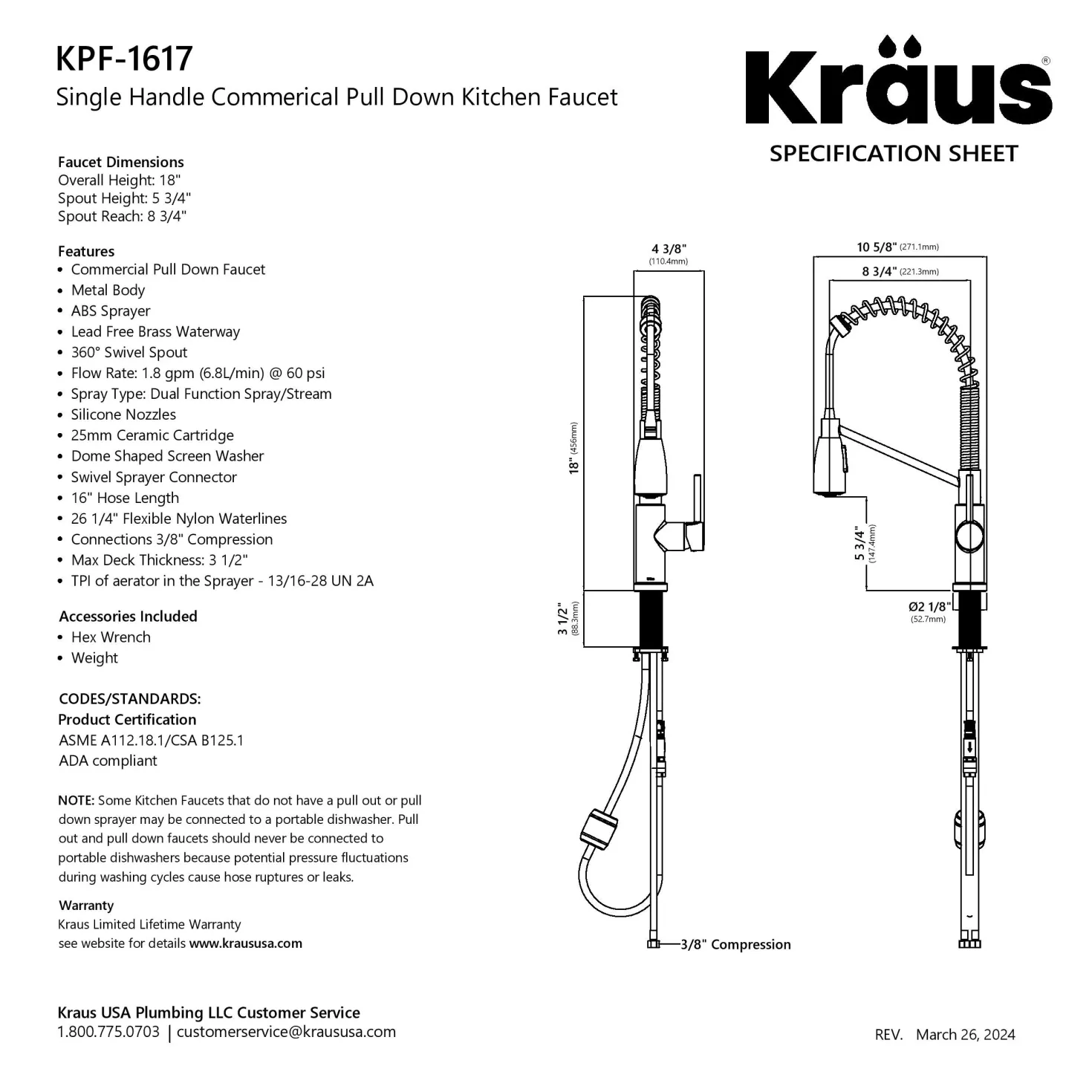 KRAUS Coda Commercial StyleSingle Handle Pull Down Kitchen Faucet in Chrome