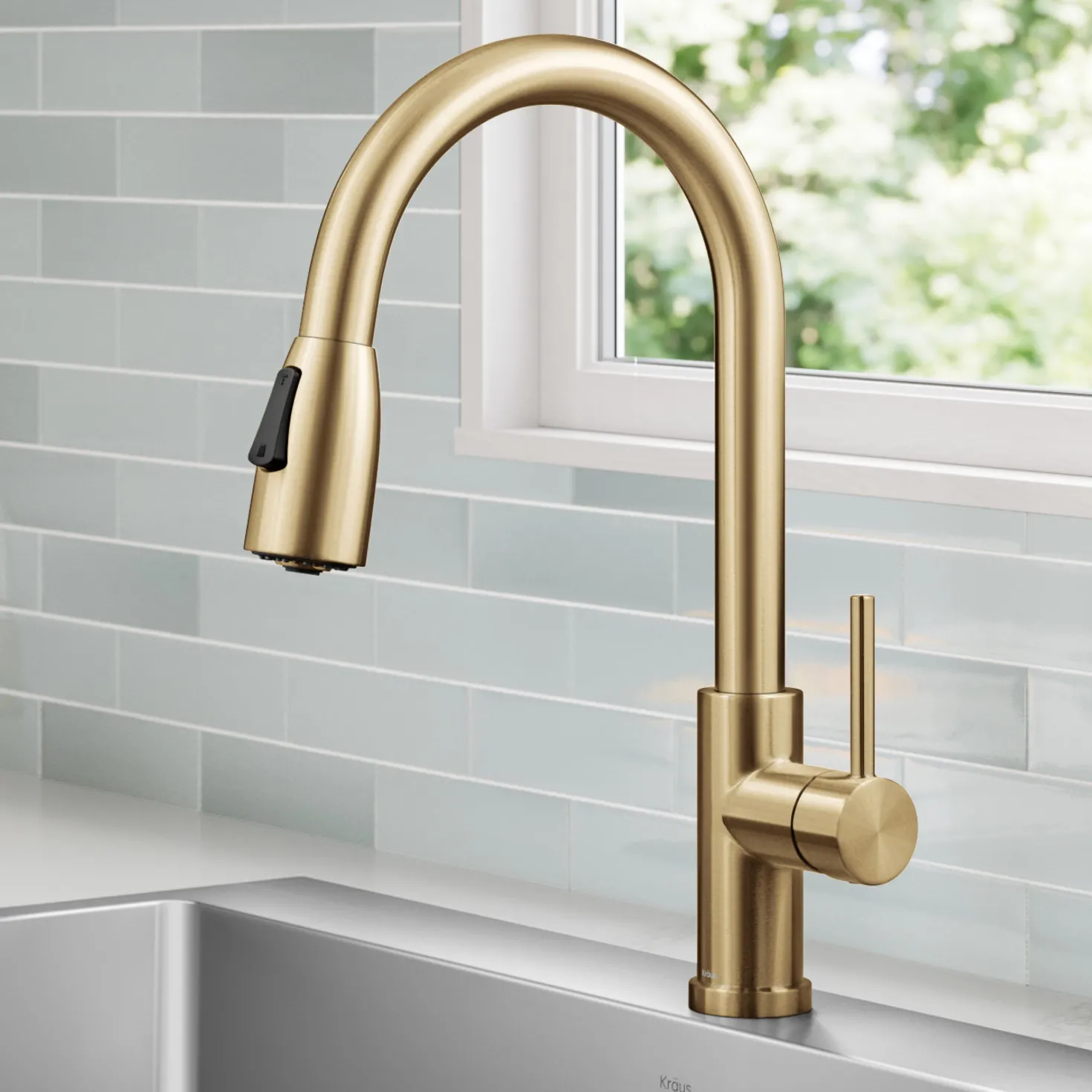KRAUS Coda Single Handle Pull Down Kitchen Faucet in Spot-Free Brushed Brass
