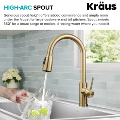 KRAUS Coda Single Handle Pull Down Kitchen Faucet in Spot-Free Brushed Brass