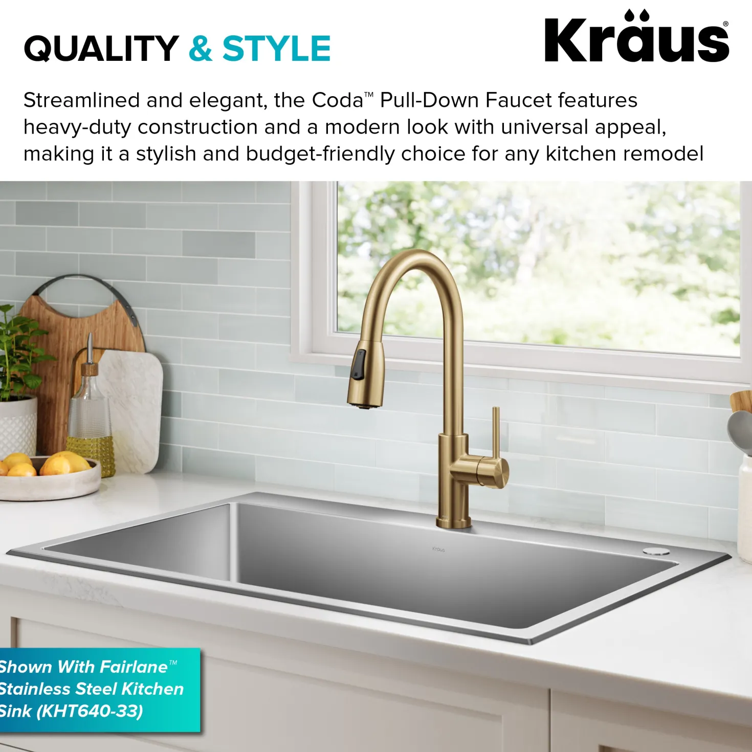 KRAUS Coda Single Handle Pull Down Kitchen Faucet in Spot-Free Brushed Brass