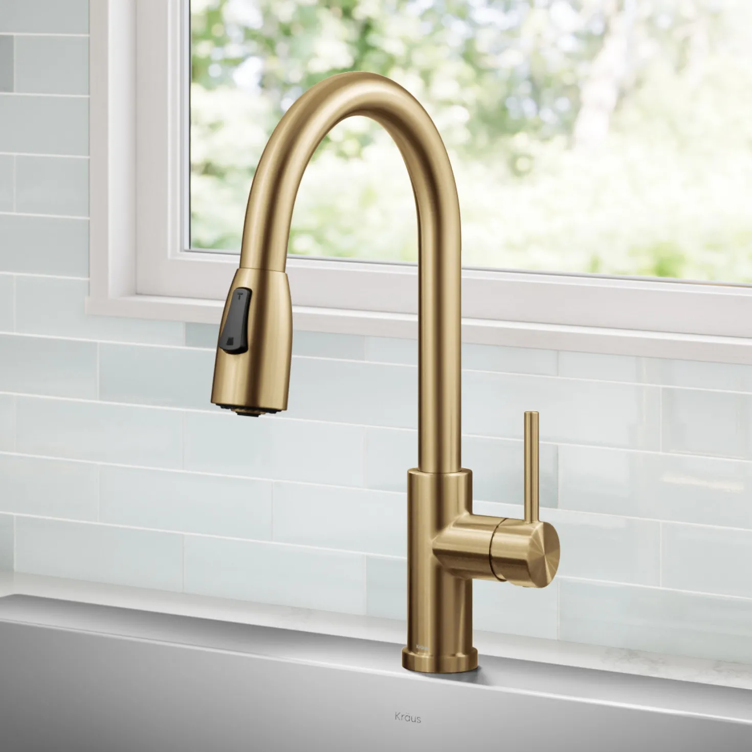 KRAUS Coda Single Handle Pull Down Kitchen Faucet in Spot-Free Brushed Brass