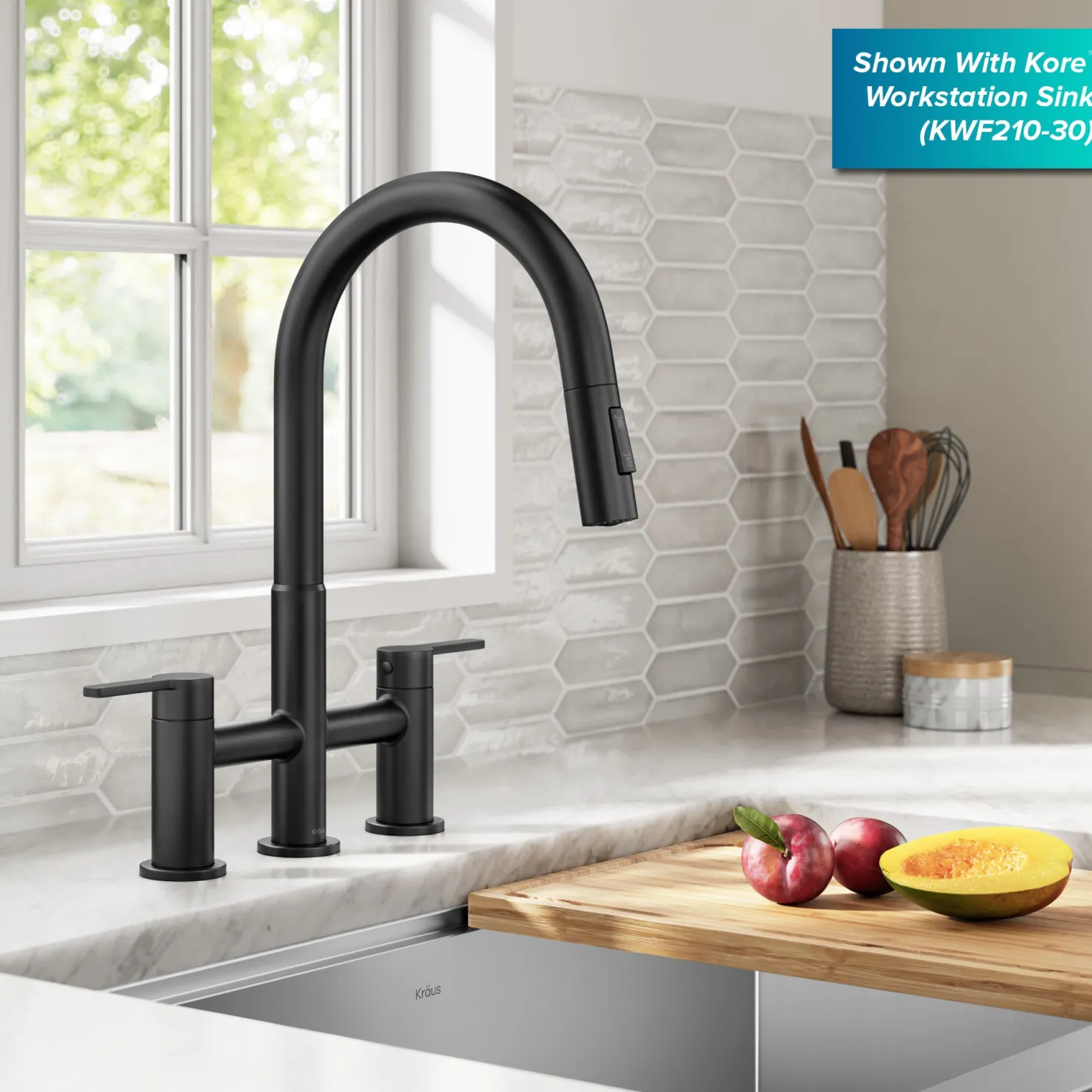 KRAUS Contemporary Bridge Kitchen Faucet with Spray-Head in Matte Black