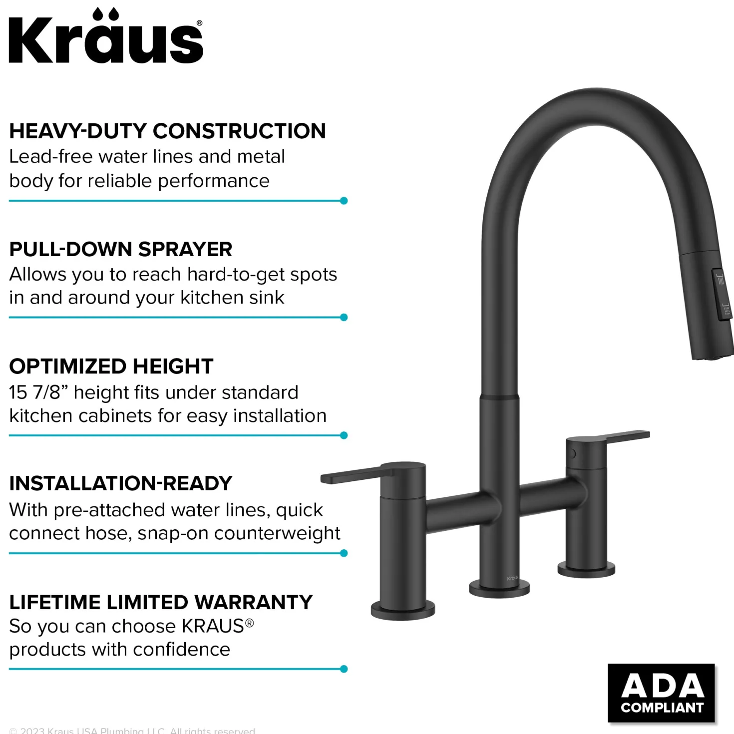 KRAUS Contemporary Bridge Kitchen Faucet with Spray-Head in Matte Black