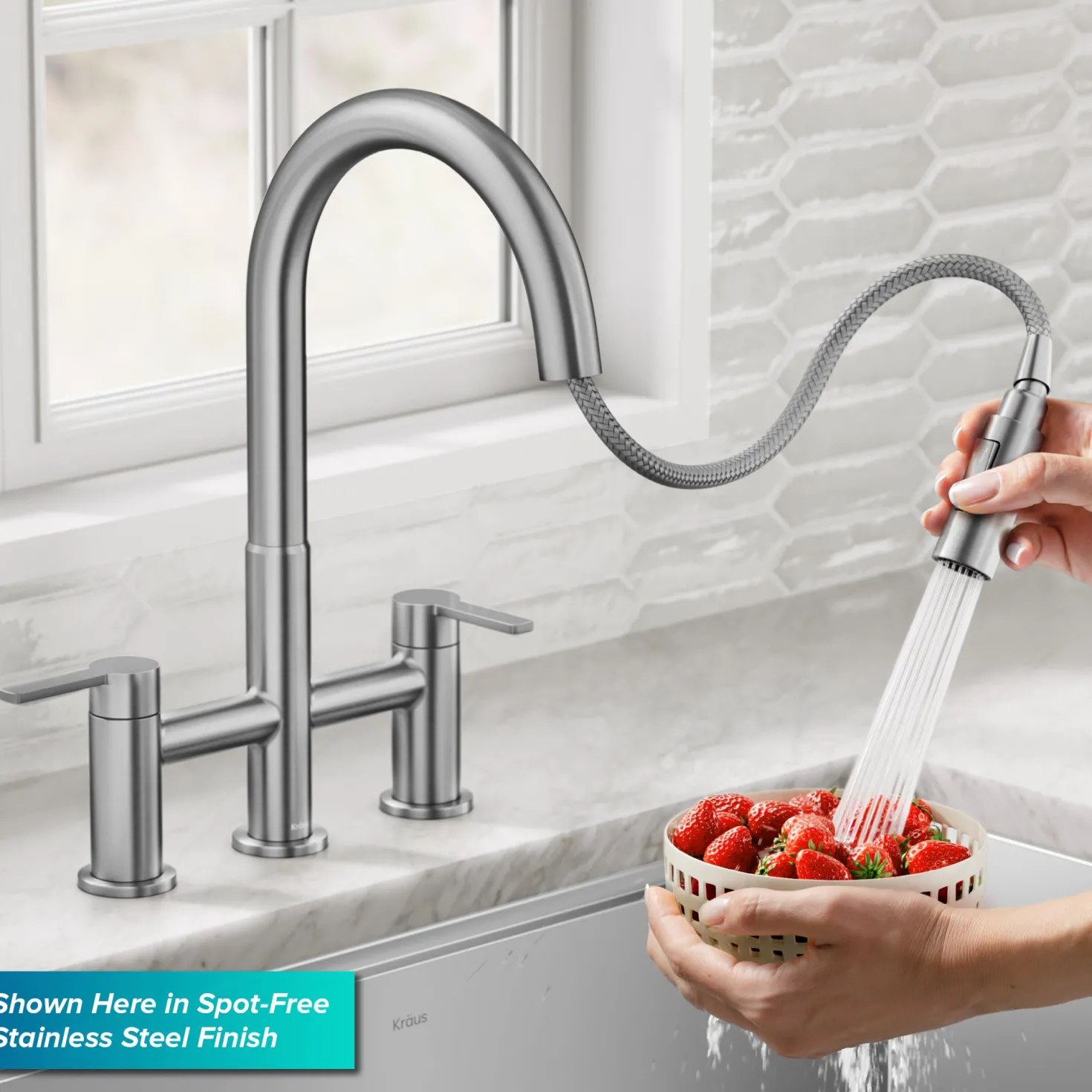 KRAUS Contemporary Bridge Kitchen Faucet with Spray-Head in Spot-Free Stainless