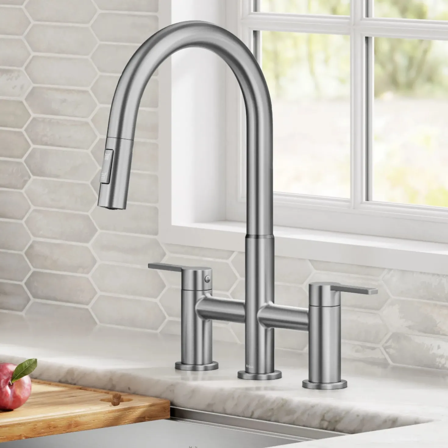 KRAUS Contemporary Bridge Kitchen Faucet with Spray-Head in Spot-Free Stainless