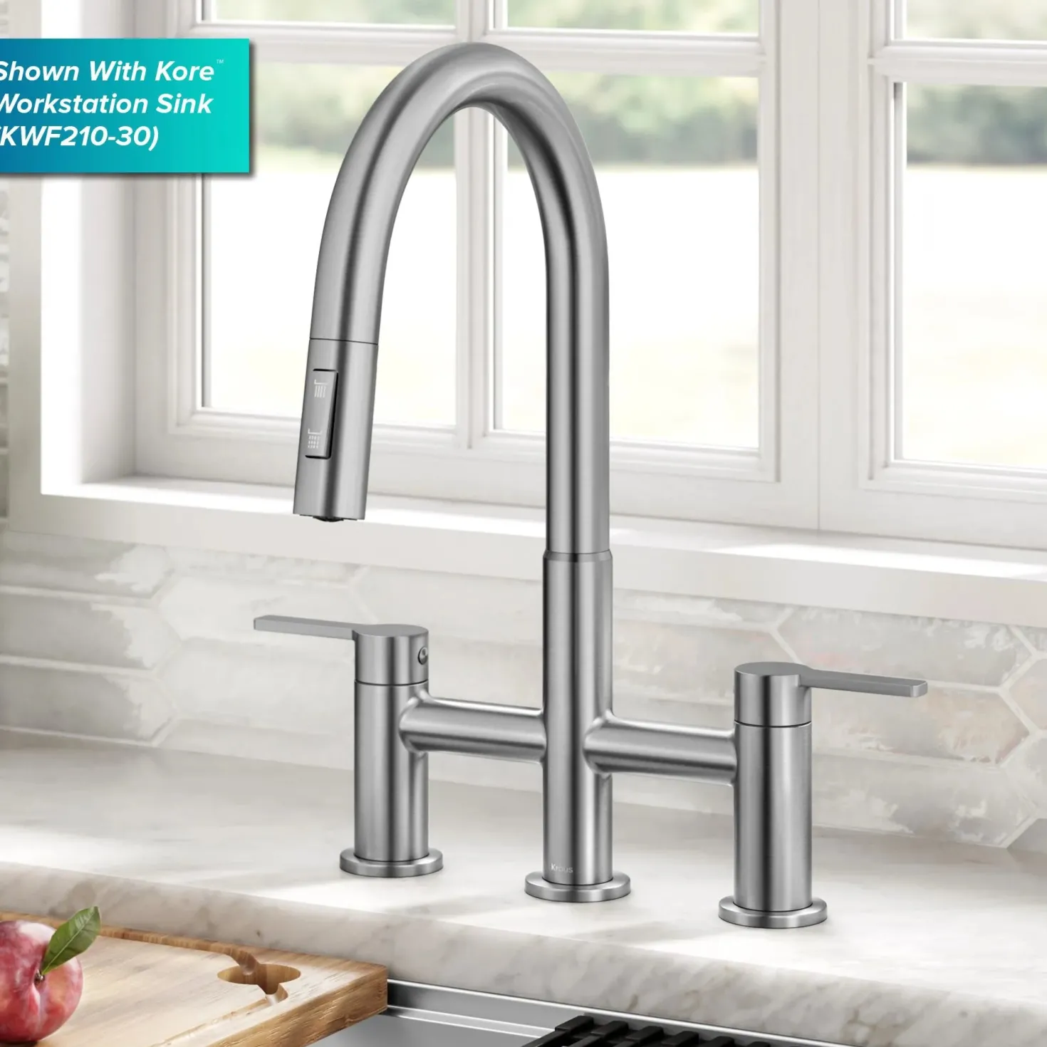 KRAUS Contemporary Bridge Kitchen Faucet with Spray-Head in Spot-Free Stainless