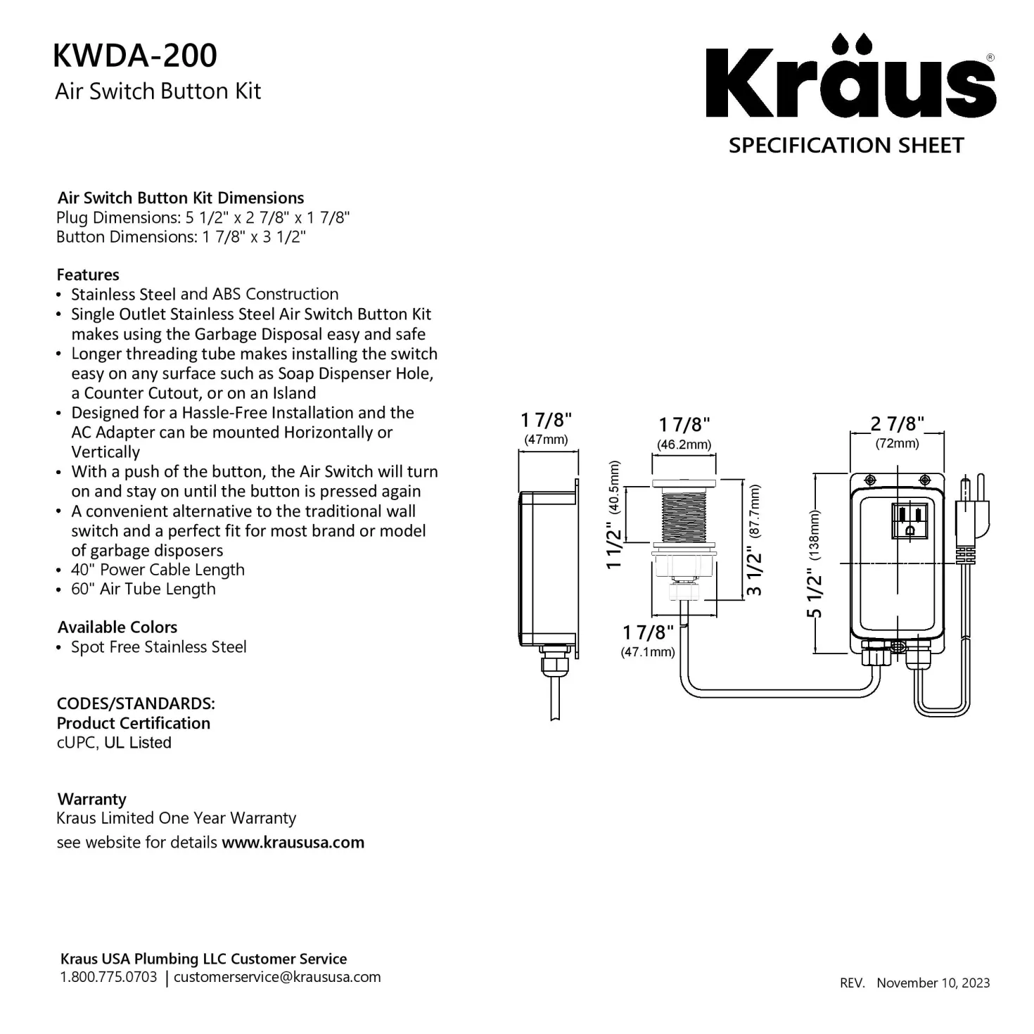 KRAUS Contemporary Flat Top Button Garbage Disposal Air Switch Kit in Brushed Brass