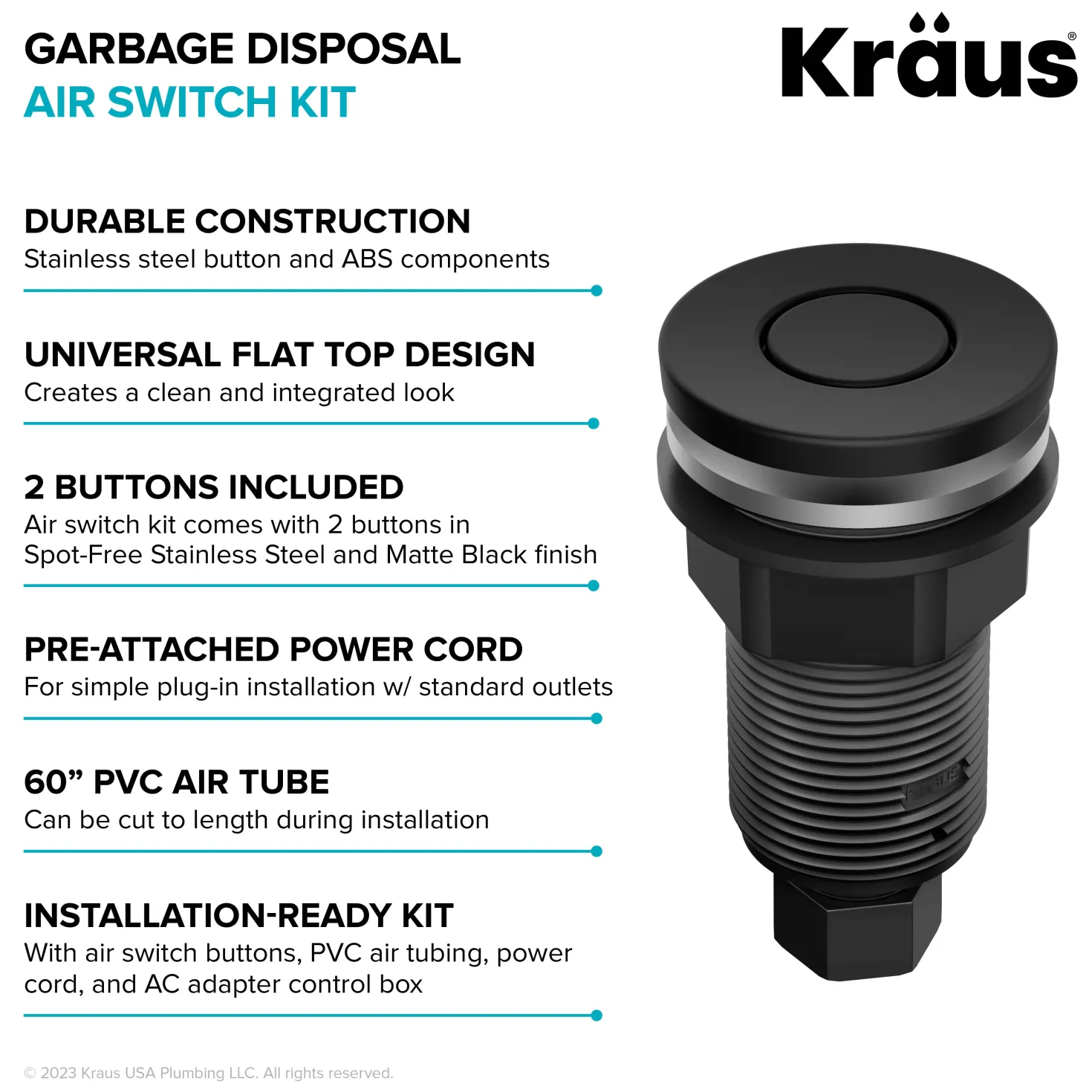 KRAUS Contemporary Flat Top Button Garbage Disposal Air Switch Kit in Matte Black